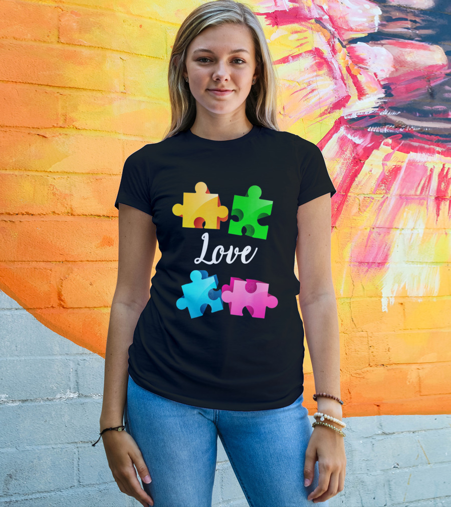 Autism Awareness Love With Colorful Puzzle Pieces T-Shirt