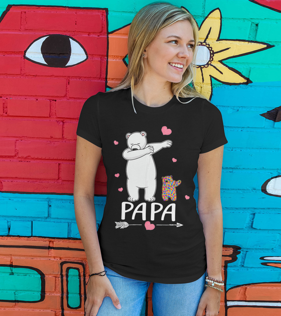 Papa Bear Dabbing With Autism Awareness Puzzle Bear And Hearts T-Shirt