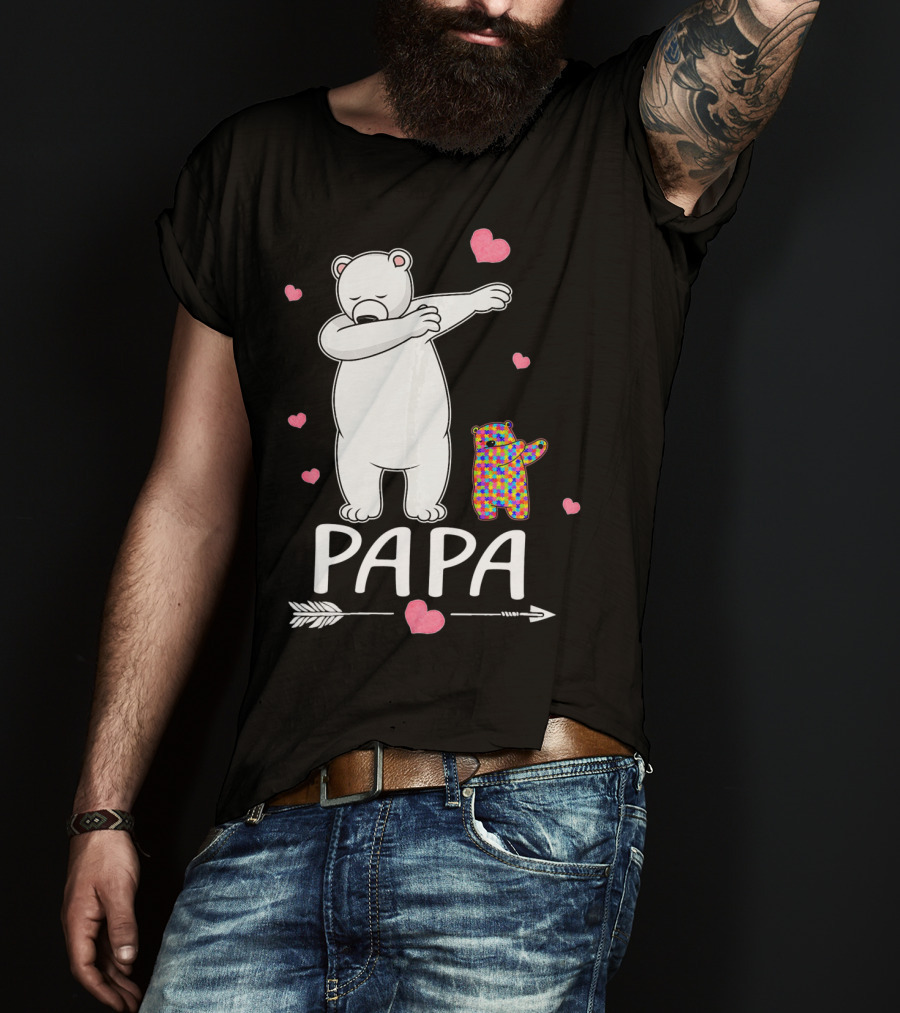 Papa Bear Dabbing With Autism Awareness Puzzle Bear And Hearts T-Shirt