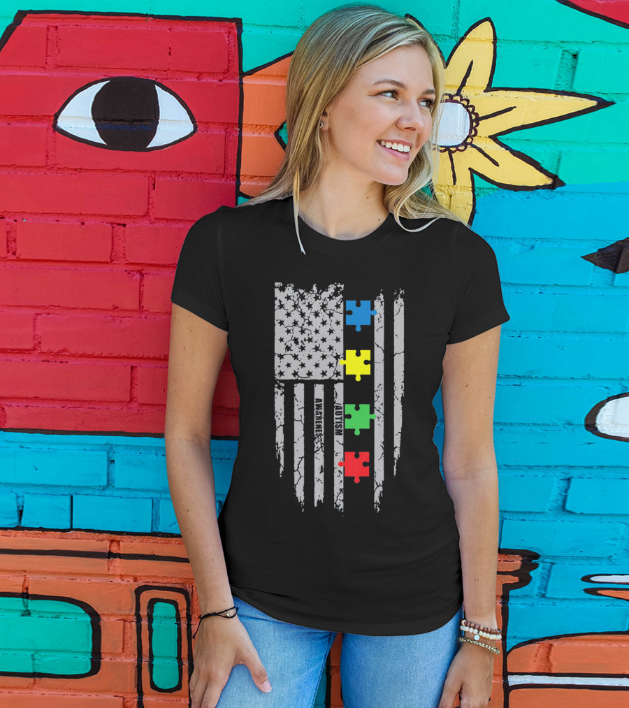 Autism Awareness Puzzle Flag With Colored Pieces T-Shirt