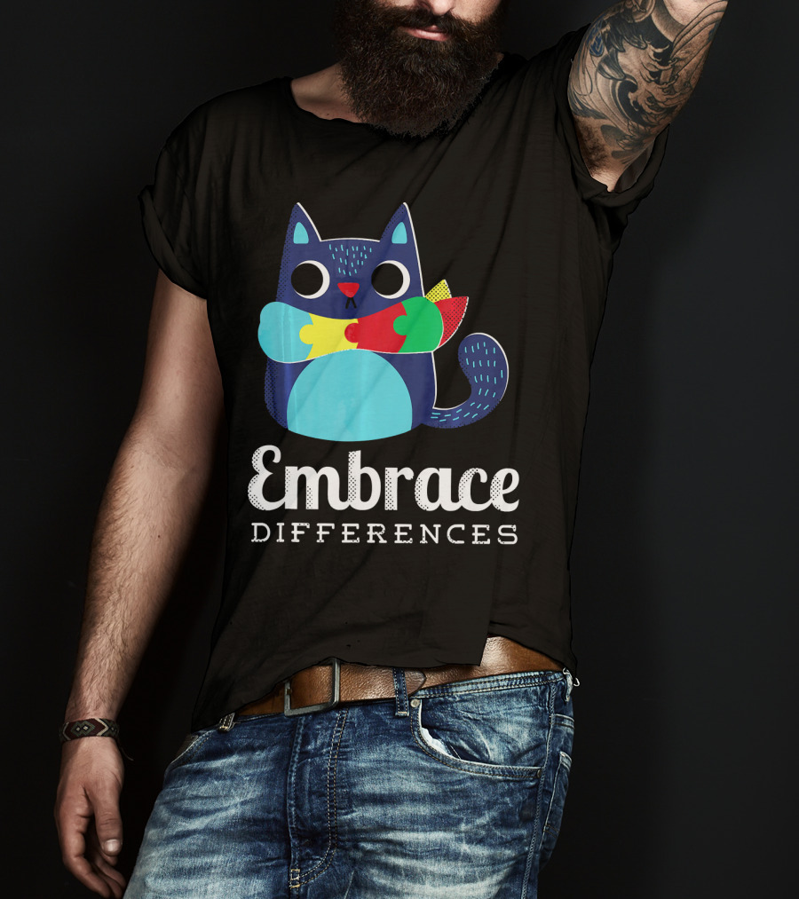 Embrace Differences Autism Support Awareness Puzzle Cat T-Shirt