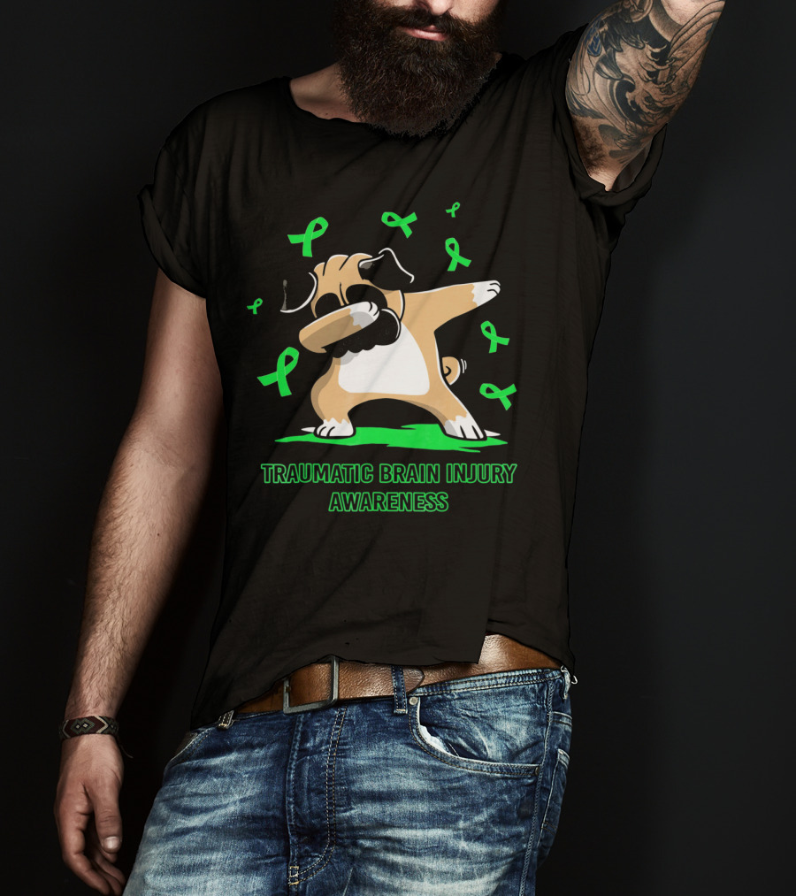 Traumatic Brain Injury Awareness Dabbing Pug Dog With Green Ribbons T-Shirt