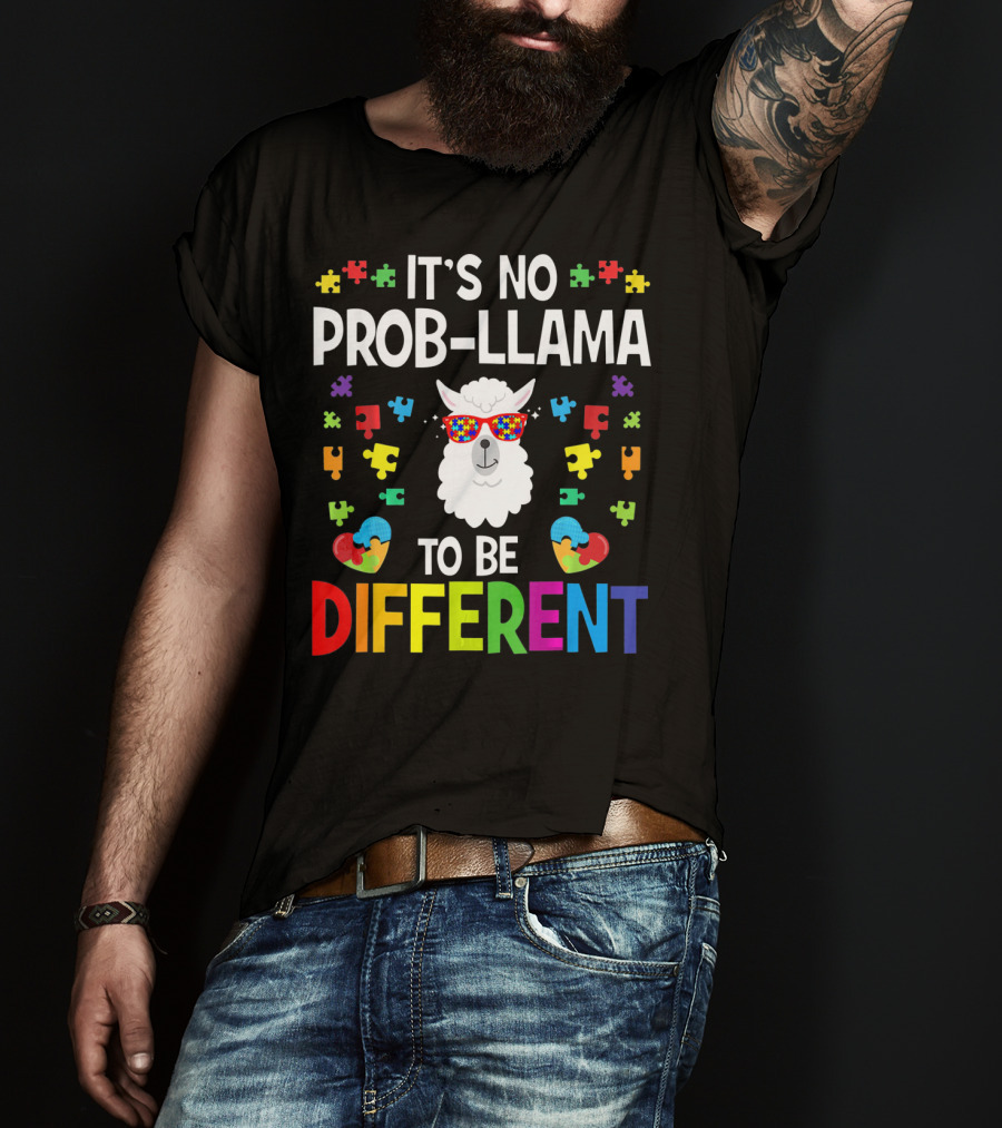 It's No Prob-Llama To Be Different Autism Awareness Puzzle Pieces T-Shirt