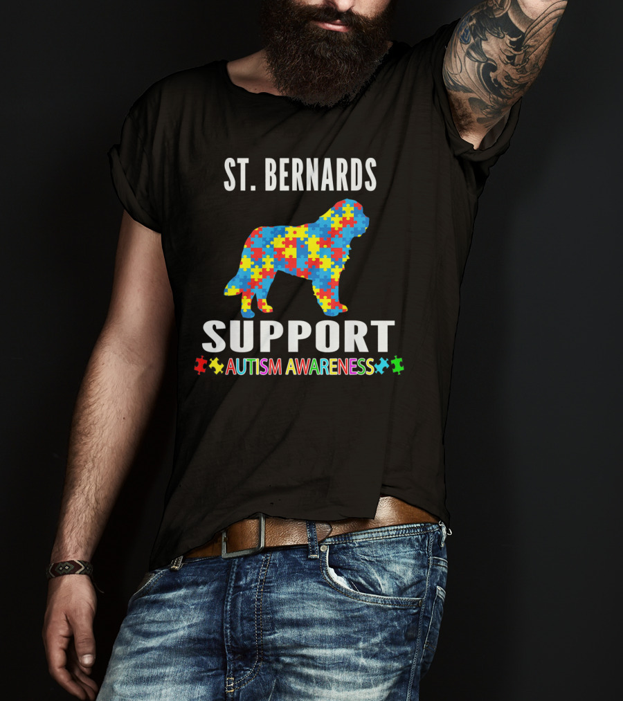 St. Bernards Support Autism Awareness Puzzle Piece Dog T-Shirt