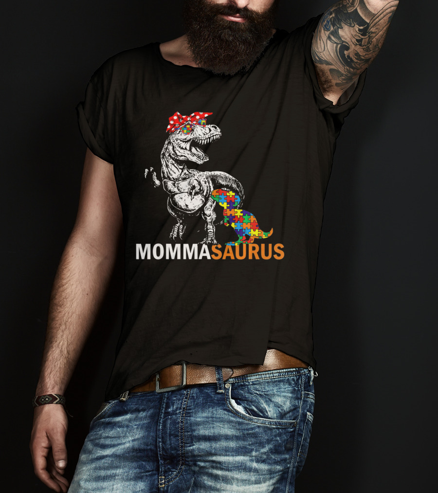 Momma Saurus Dinosaur With Autism Puzzle T-Shirt