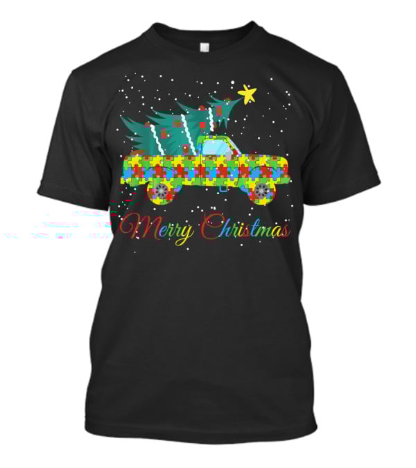 Merry Christmas Puzzle Pickup Truck With Tree Autism Awareness T-Shirt