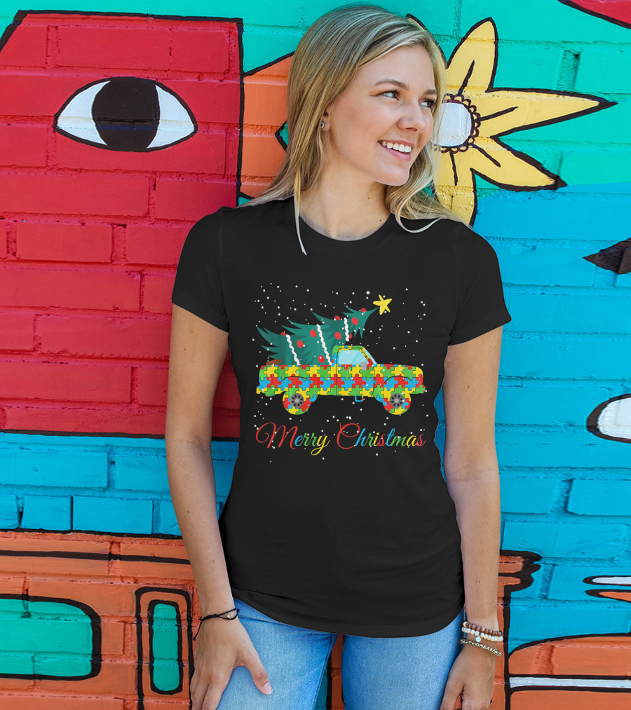Merry Christmas Puzzle Pickup Truck With Tree Autism Awareness T-Shirt
