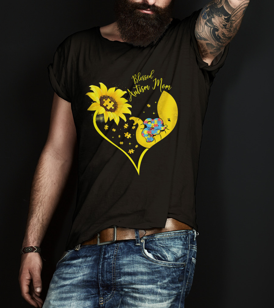 Blessed Autism Mom Sunflower Elephant Puzzle Heart T-Shirt