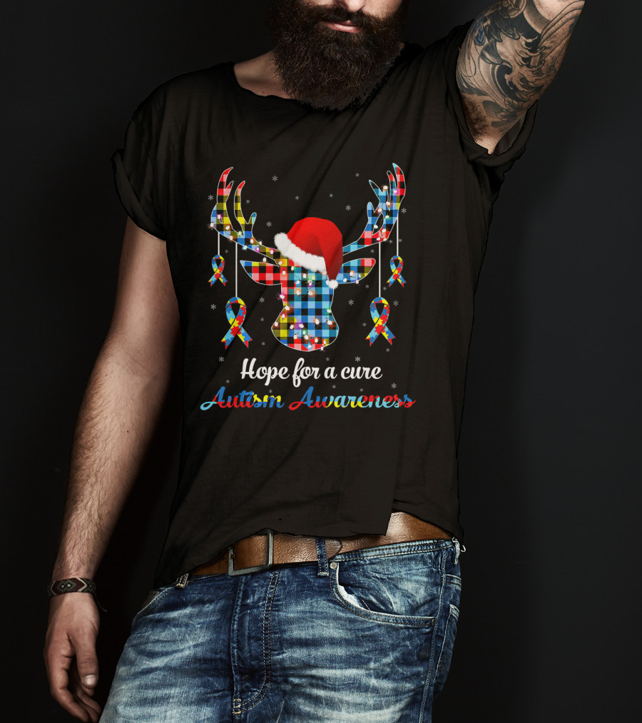 Hope For A Cure Autism Awareness Reindeer Plaid Santa Hat Ribbons T-Shirt