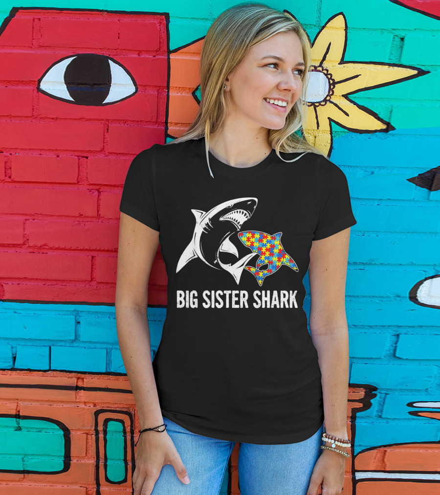 Big Sister Shark Autism Puzzle Piece Awareness T-Shirt