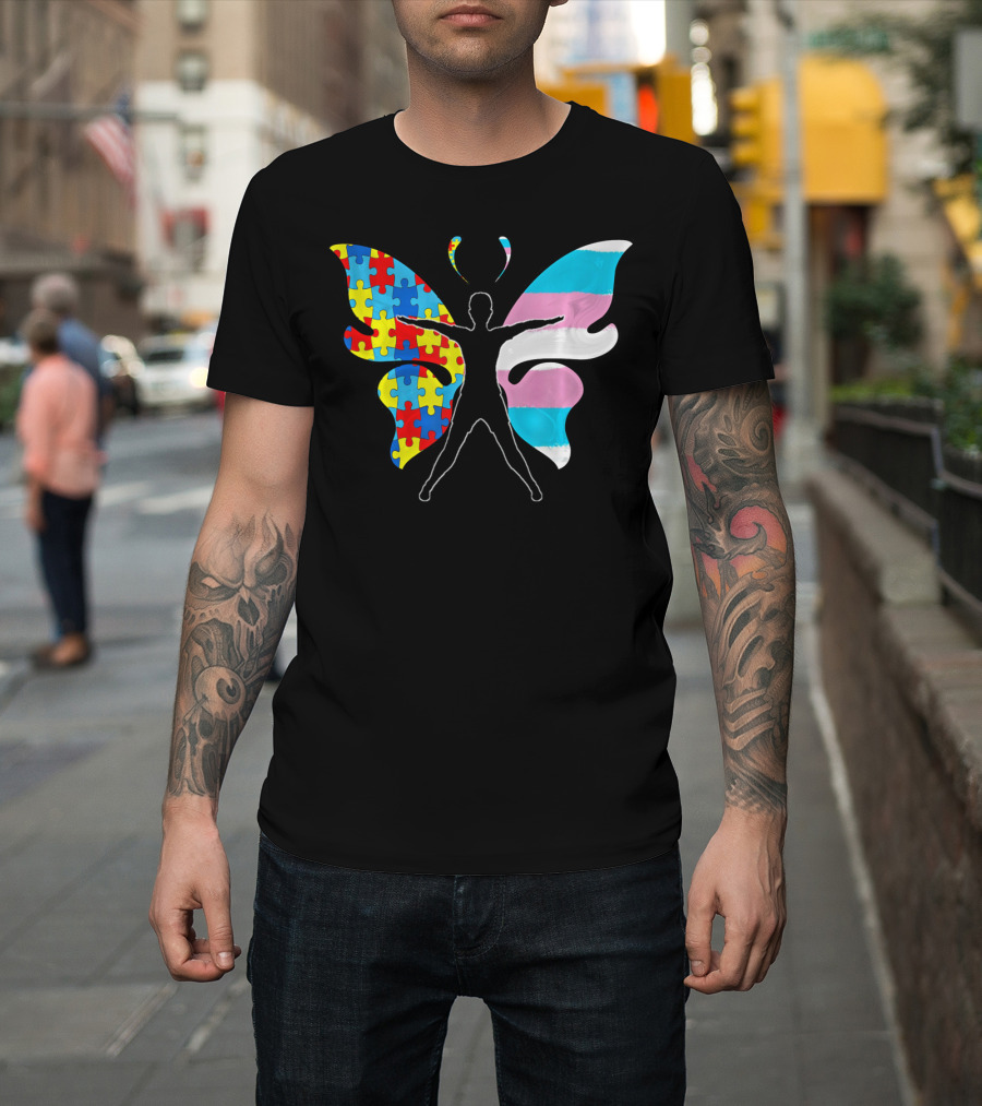 Autism Awareness Puzzle Butterfly With Transgender Flag Wings T-Shirt