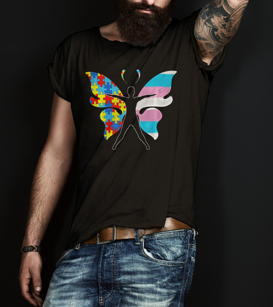 Autism Awareness Puzzle Butterfly With Transgender Flag Wings T-Shirt