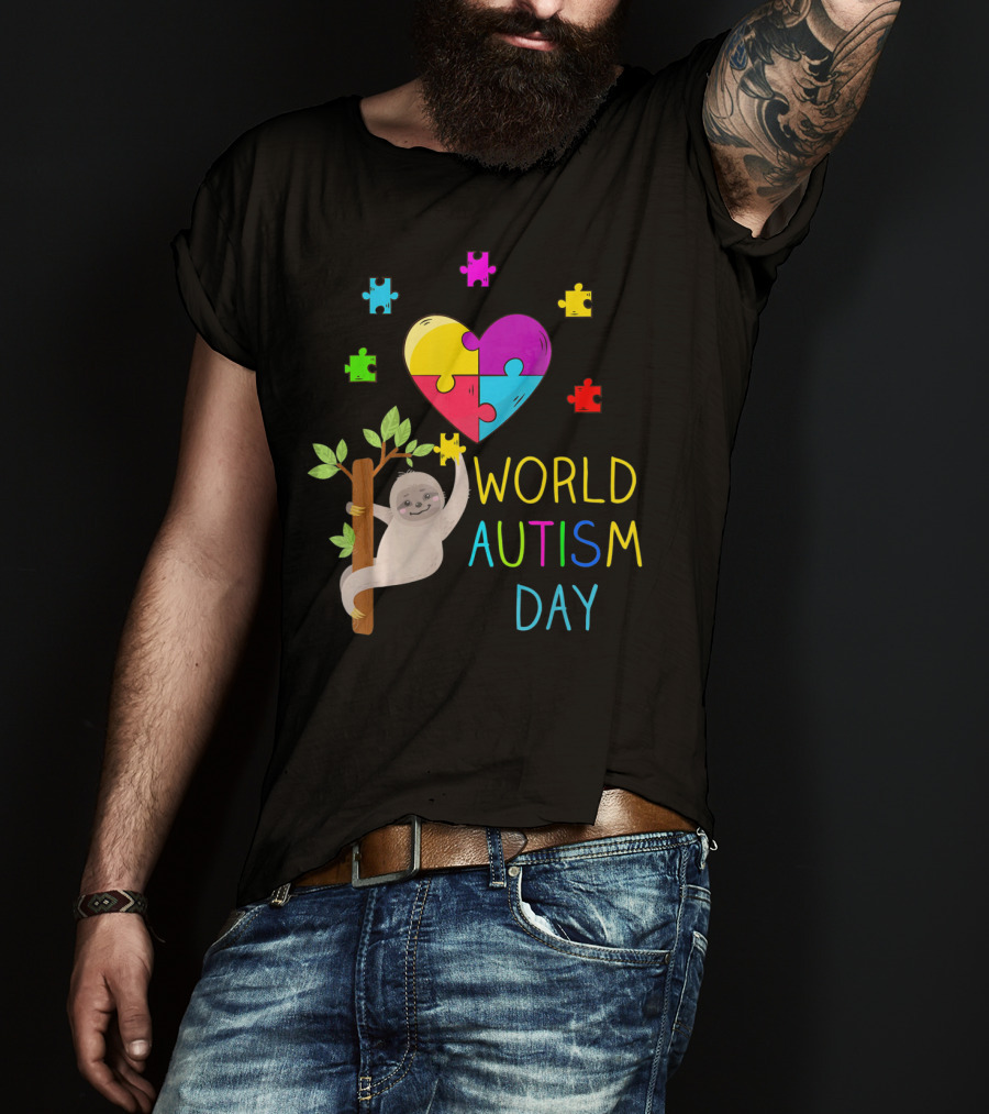 World Autism Day Sloth Heart Puzzle Pieces T-Shirt