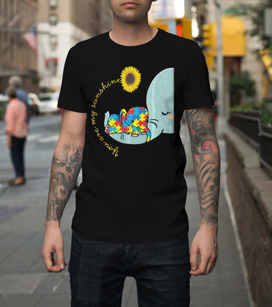 You Are My Sunshine Autism Awareness Elephant Puzzle Sunflower T-Shirt