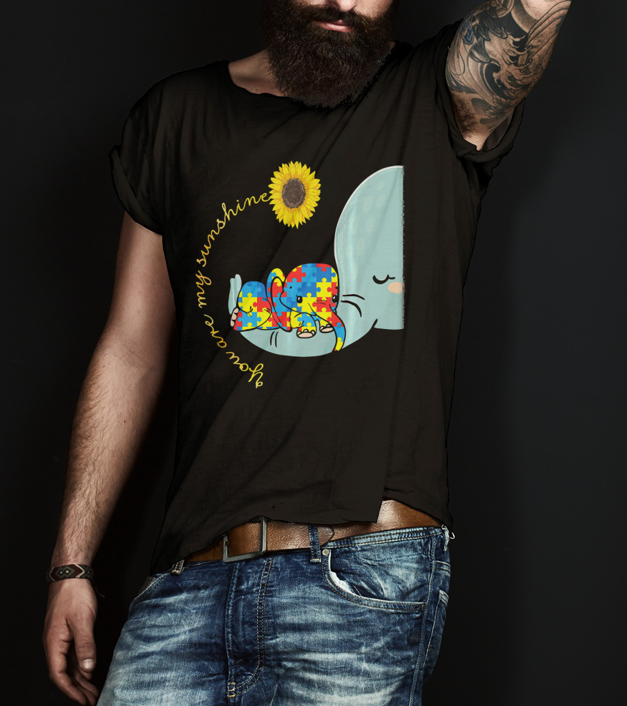 You Are My Sunshine Autism Awareness Elephant Puzzle Sunflower T-Shirt