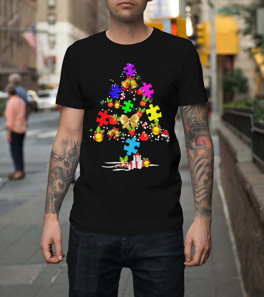 Autism Awareness Christmas Tree Puzzle Piece Ornament Festive Holiday T-Shirt