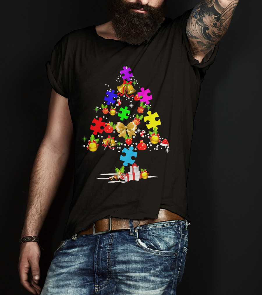Autism Awareness Christmas Tree Puzzle Piece Ornament Festive Holiday T-Shirt