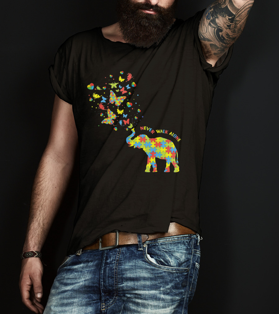 Elephants And Butterflies Autism Awareness Never Walk Alone T-Shirt