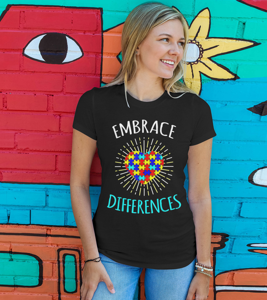 Embrace Differences Autism Awareness Puzzle Heart Rib T-Shirt