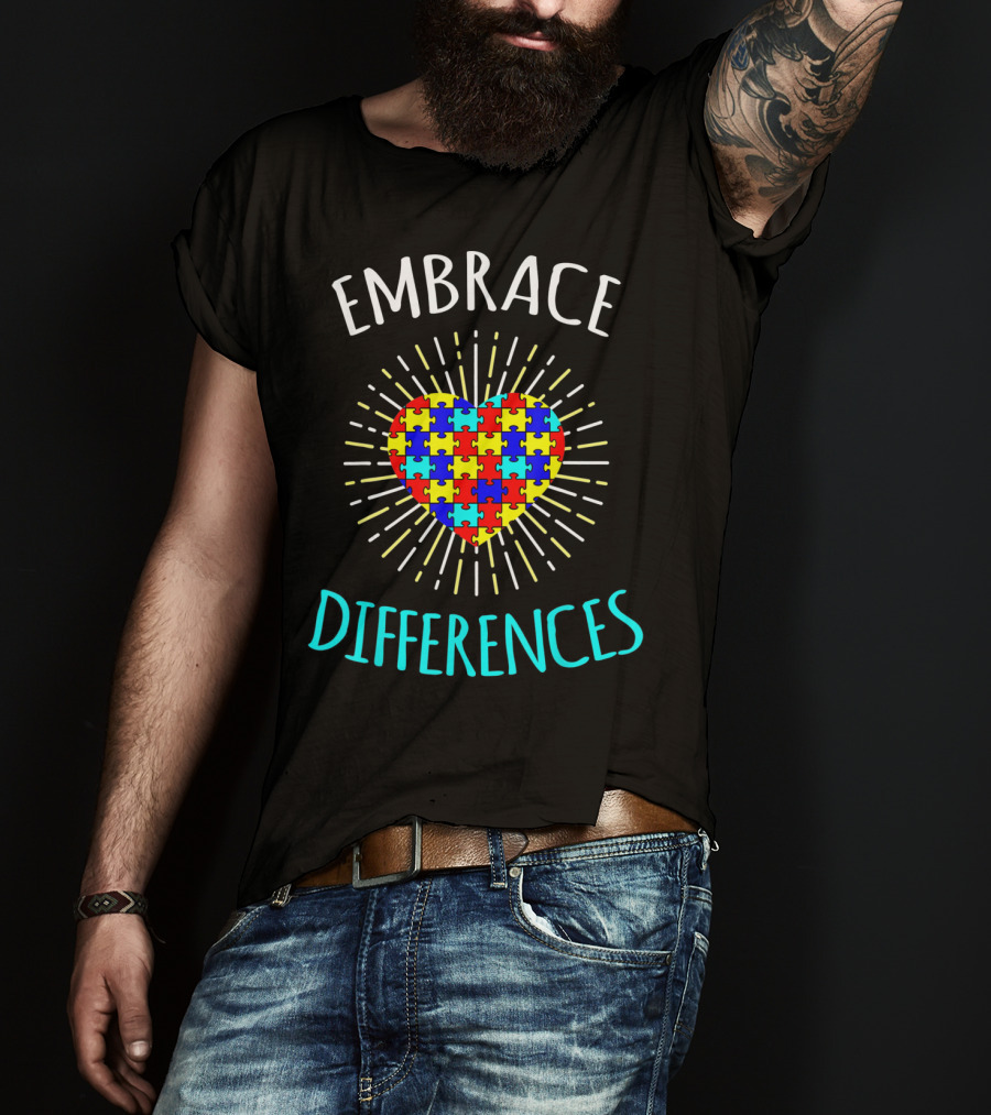 Embrace Differences Autism Awareness Puzzle Heart Rib T-Shirt