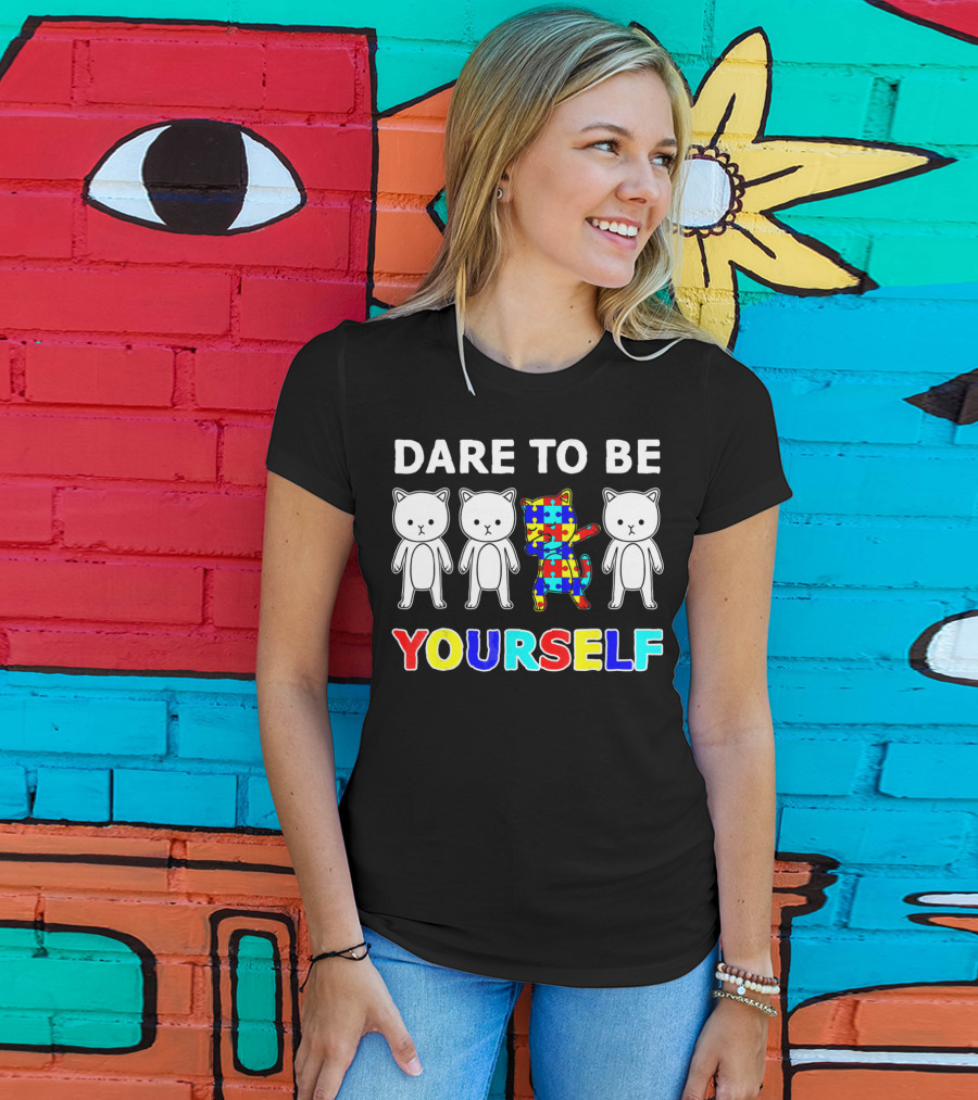 Dare To Be Yourself Cat Dabbing Autism Puzzle T-Shirt
