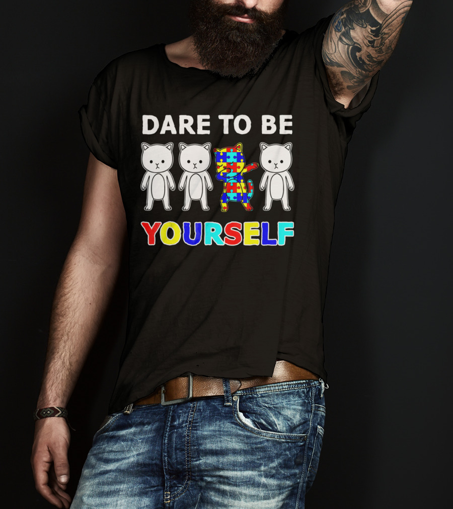 Dare To Be Yourself Cat Dabbing Autism Puzzle T-Shirt