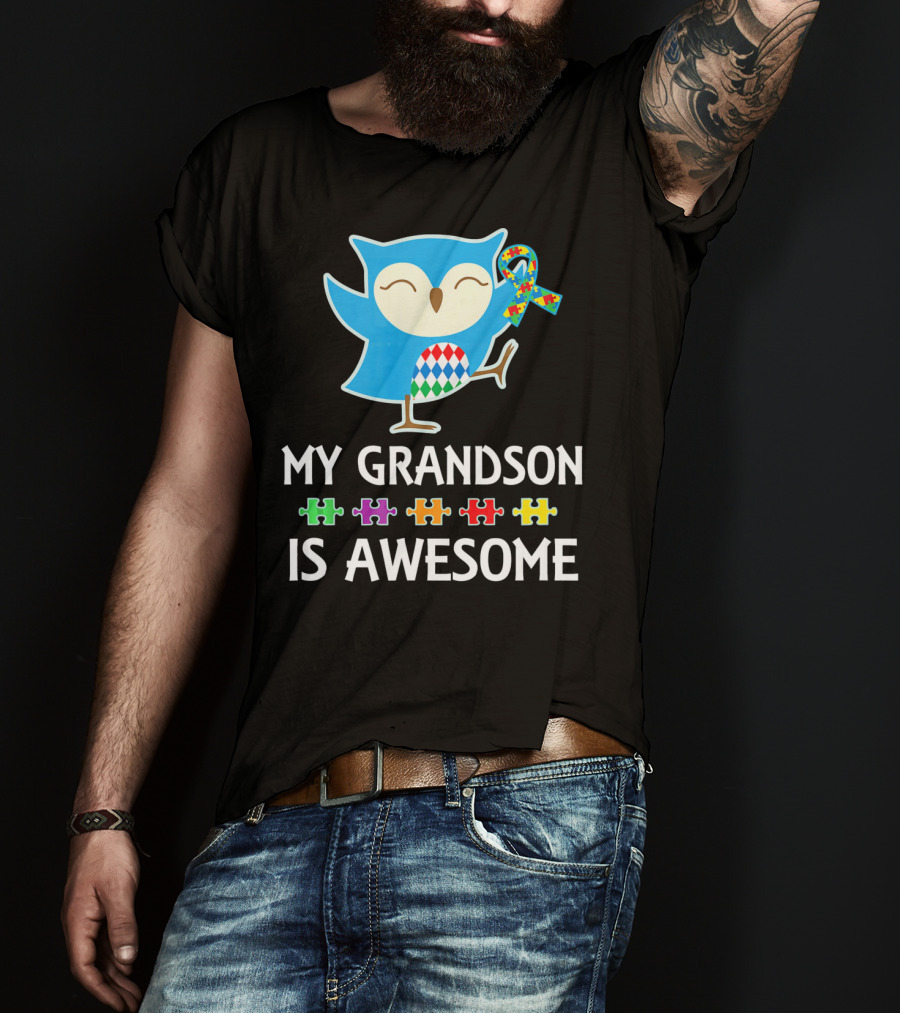Autism Awareness My Grandson Is Awesome Owl Puzzle T-Shirt