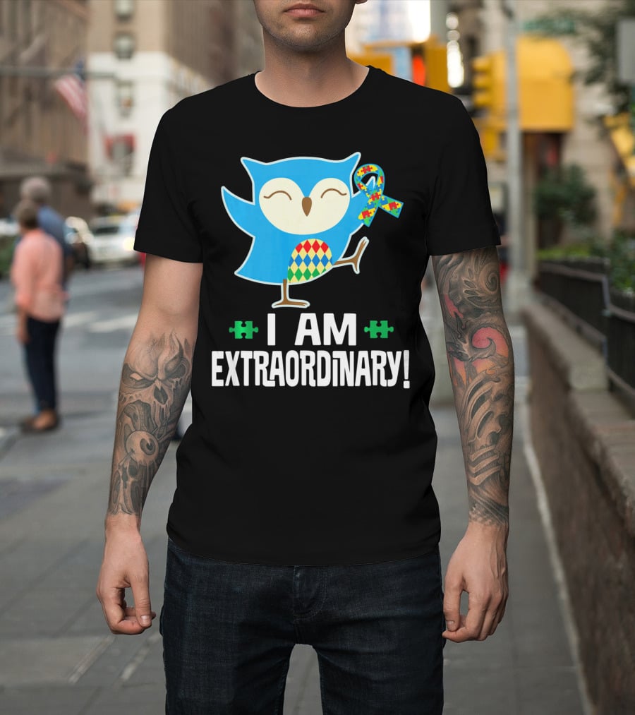 I Am Extraordinary Autism Awareness Autistic Spectrum Disor Puzzle Ribbon Owl T-Shirt