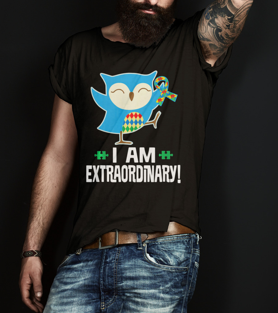 I Am Extraordinary Autism Awareness Autistic Spectrum Disor Puzzle Ribbon Owl T-Shirt