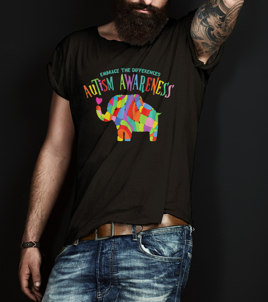 Autism Awareness Embrace The Differences Colorful Elephant T-Shirt