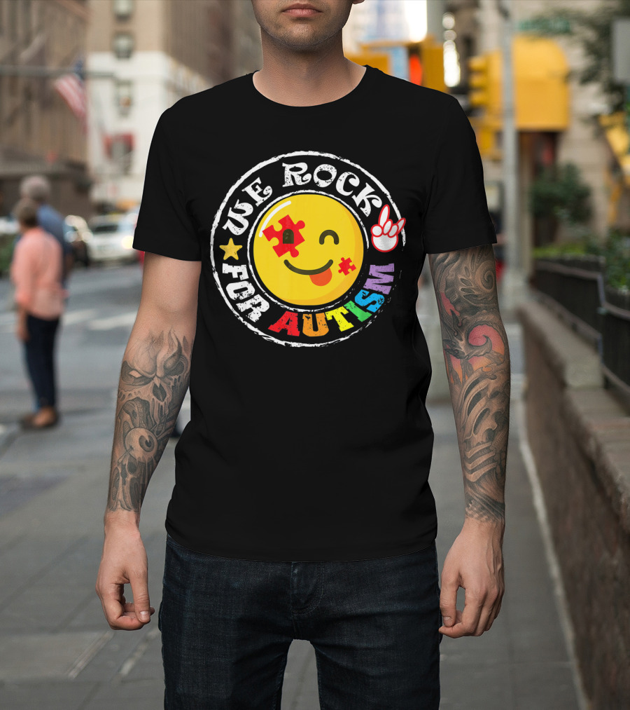 We Rock For Autism Puzzle Face Emoji With Hand Sign T-Shirt
