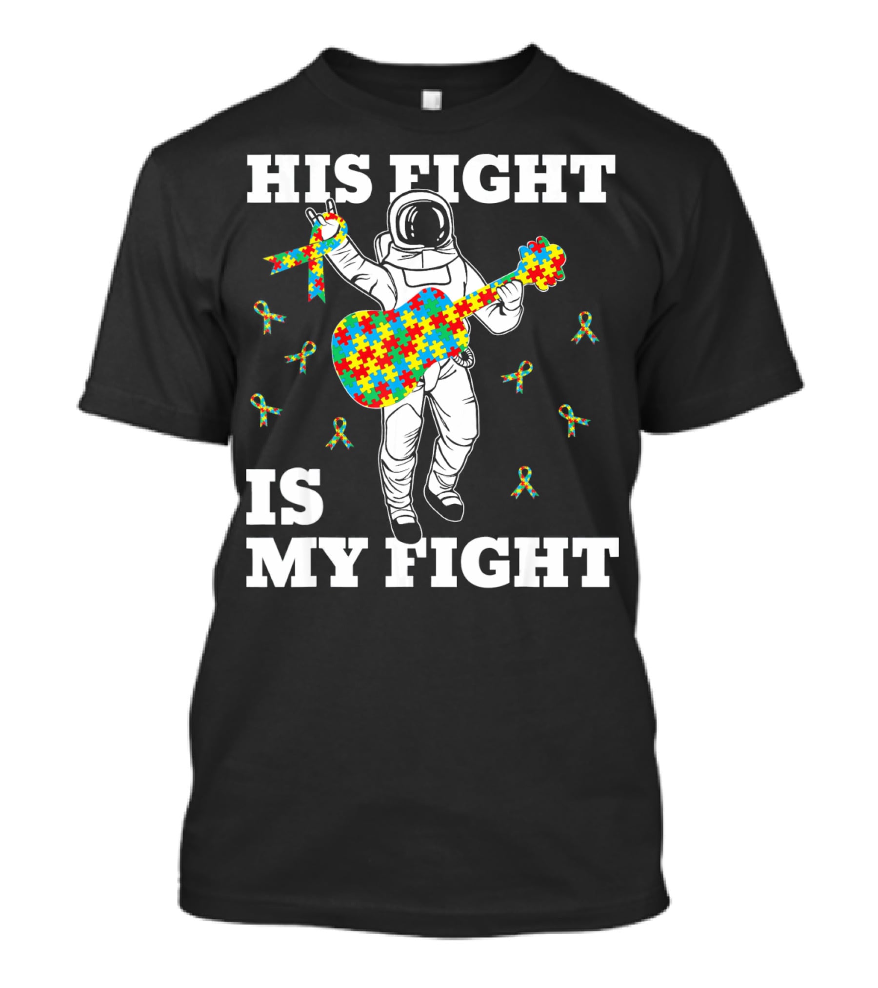 His Fight Is My Fight Autism Awareness Astronaut With Puzzle Guitar T-Shirt