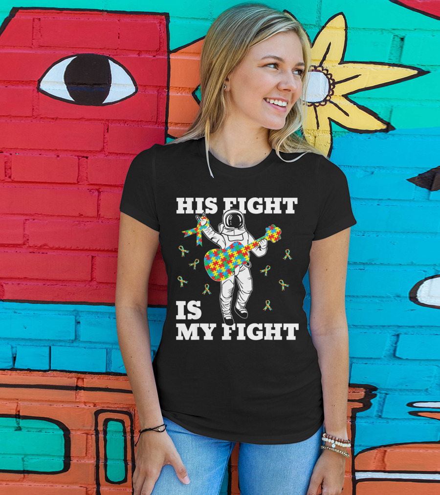 His Fight Is My Fight Autism Awareness Astronaut With Puzzle Guitar T-Shirt