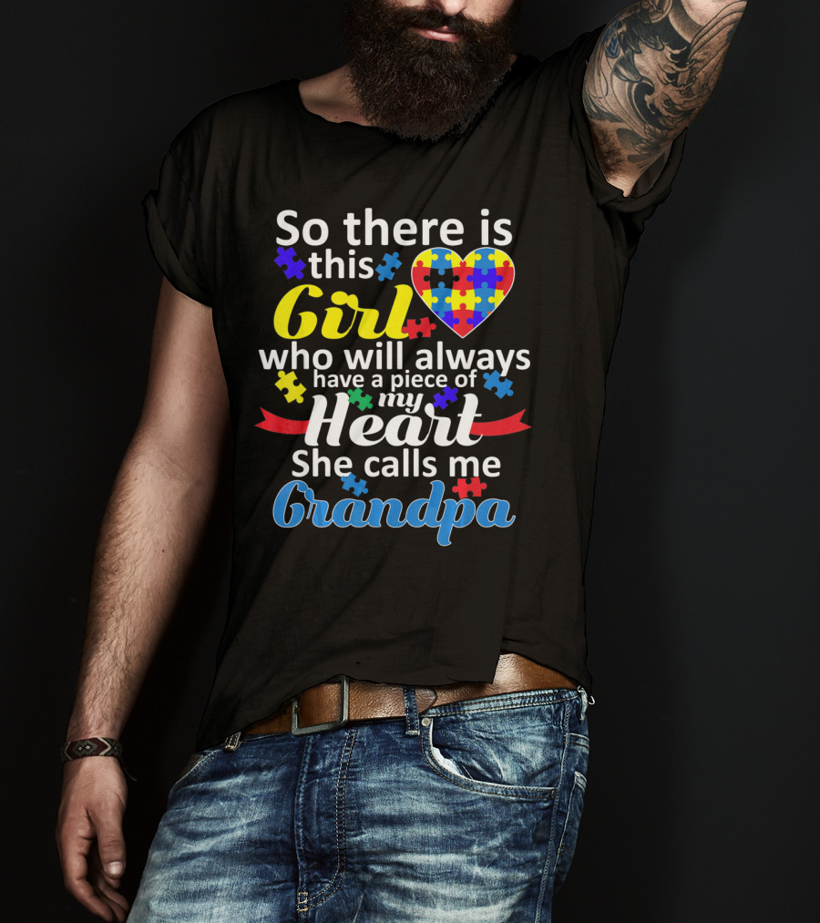 Autism Awareness Puzzle Heart Girl Grandpa T-Shirt