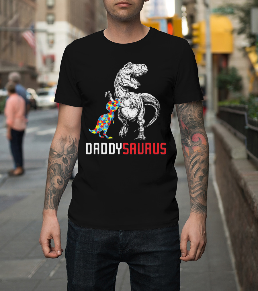 Daddysaurus Dinosaur With Colorful Puzzle Autism Awareness Dad T-Shirt