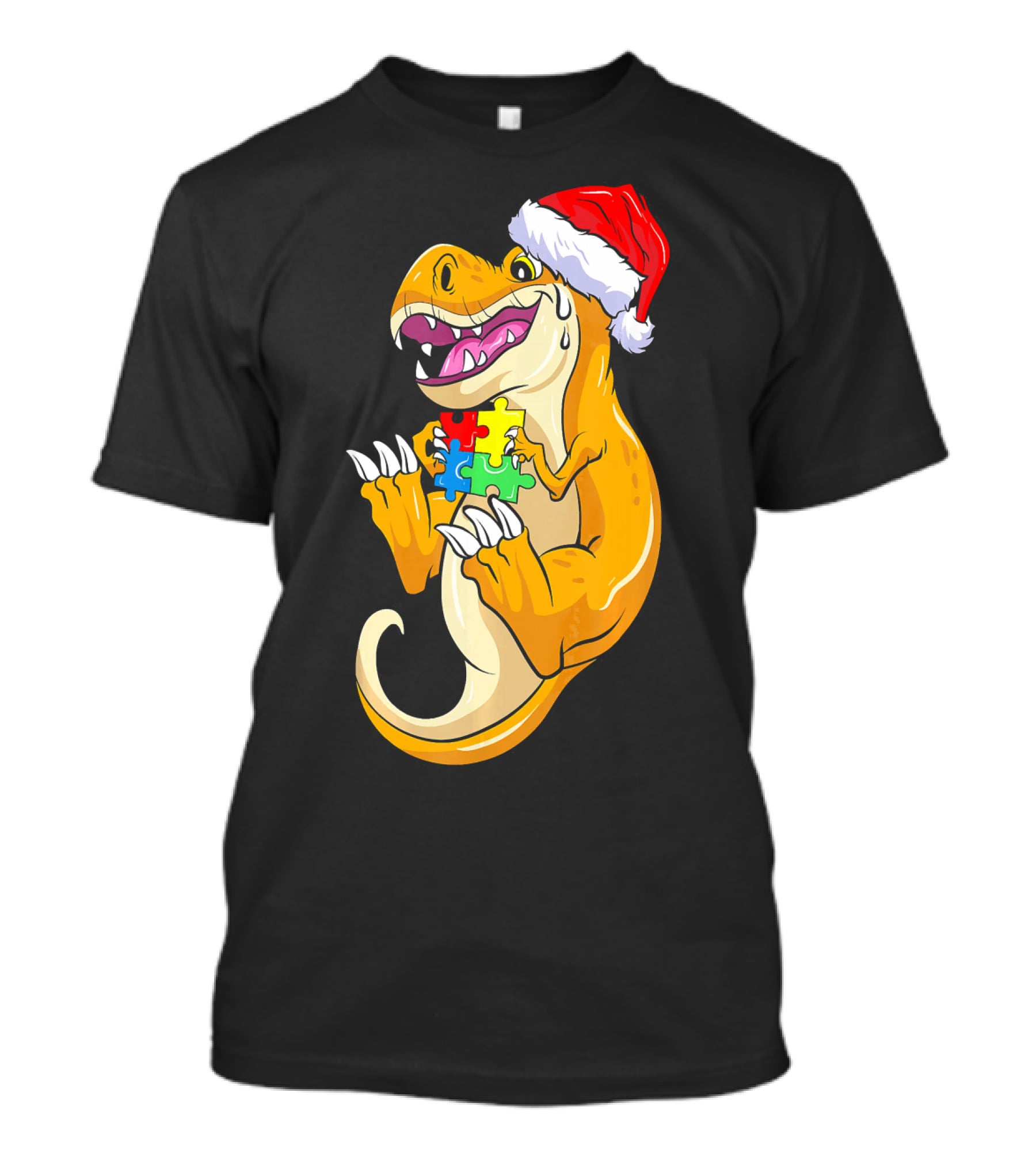 Christmas Autism Awareness Dinosaur Santa Hat Puzzle Pieces T-Shirt