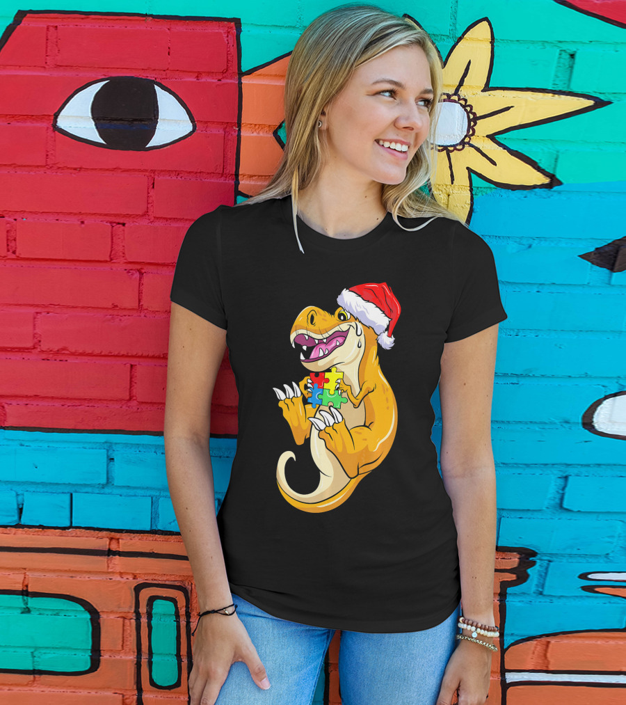 Christmas Autism Awareness Dinosaur Santa Hat Puzzle Pieces T-Shirt