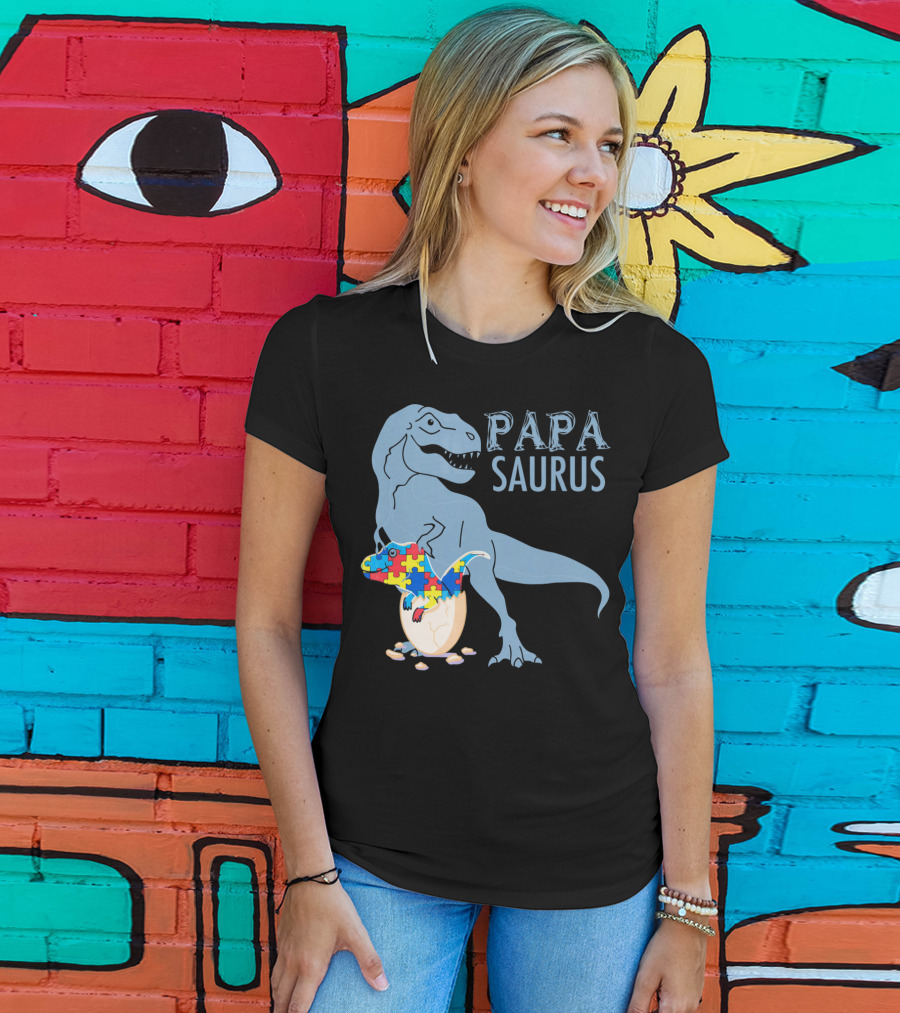 Papasaurus Autism Awareness Dinosaur Puzzle Pieces T-Shirt