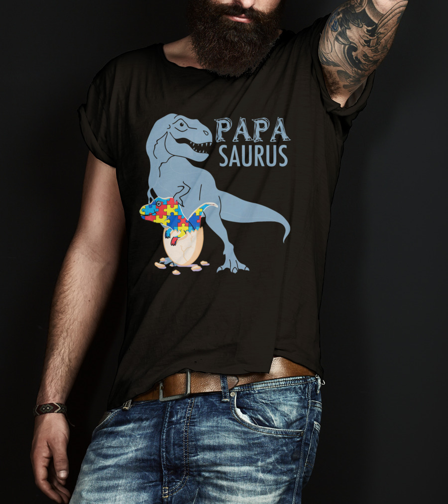 Papasaurus Autism Awareness Dinosaur Puzzle Pieces T-Shirt