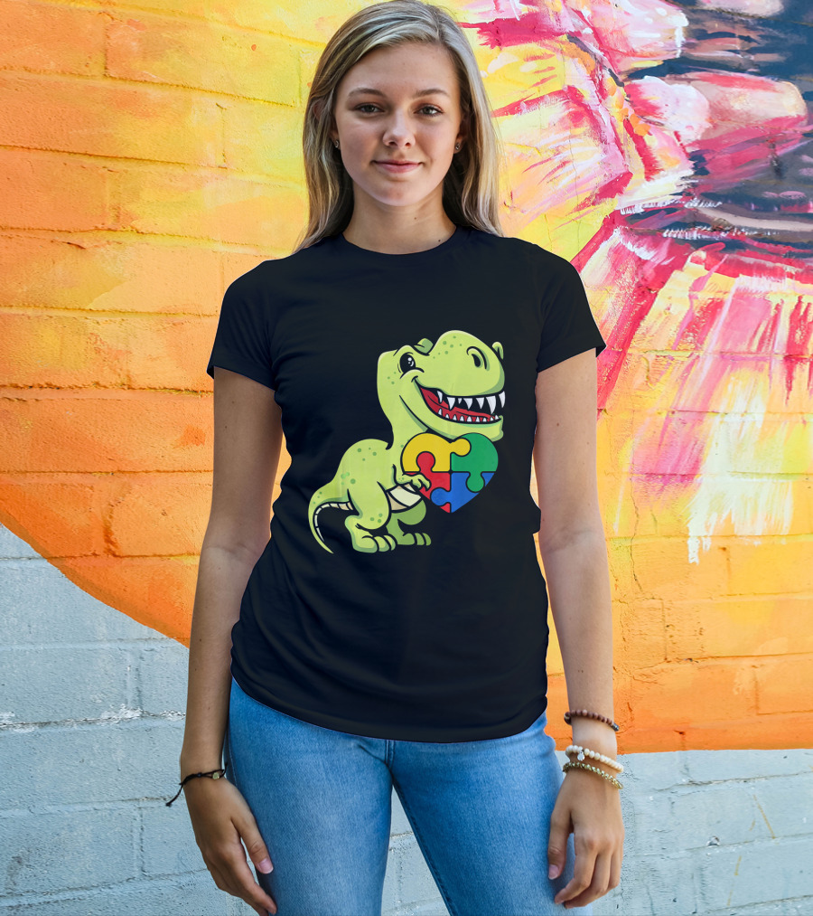 Autism Awareness Day Dinosaur T-Rex Holding Puzzle Heart T-Shirt