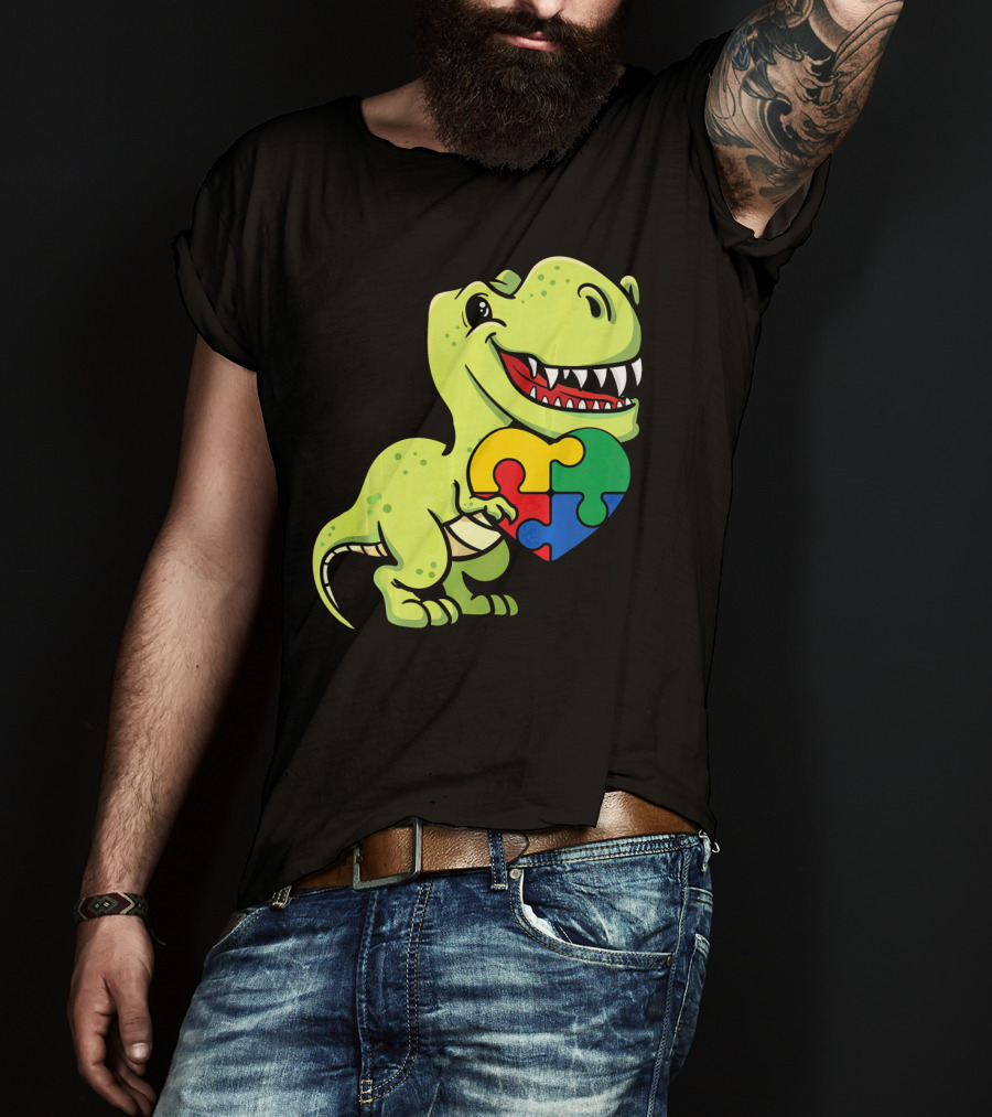 Autism Awareness Day Dinosaur T-Rex Holding Puzzle Heart T-Shirt