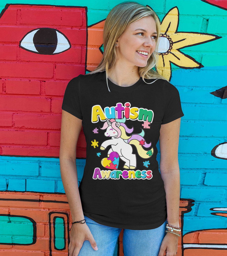 Autism Awareness Unicorn Puzzle Pieces Rainbow Heart T-Shirt