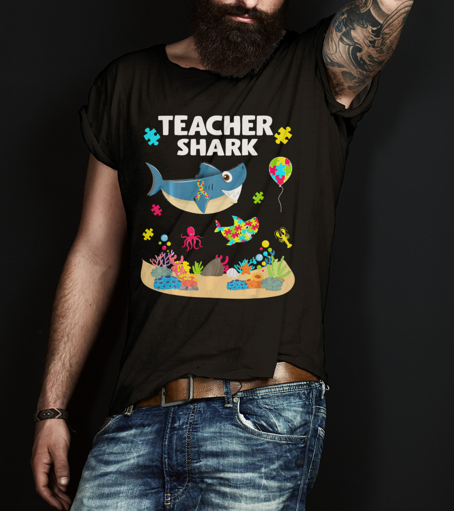 Teacher Shark Autism Awareness Ocean Puzzle Balloon Coral T-Shirt