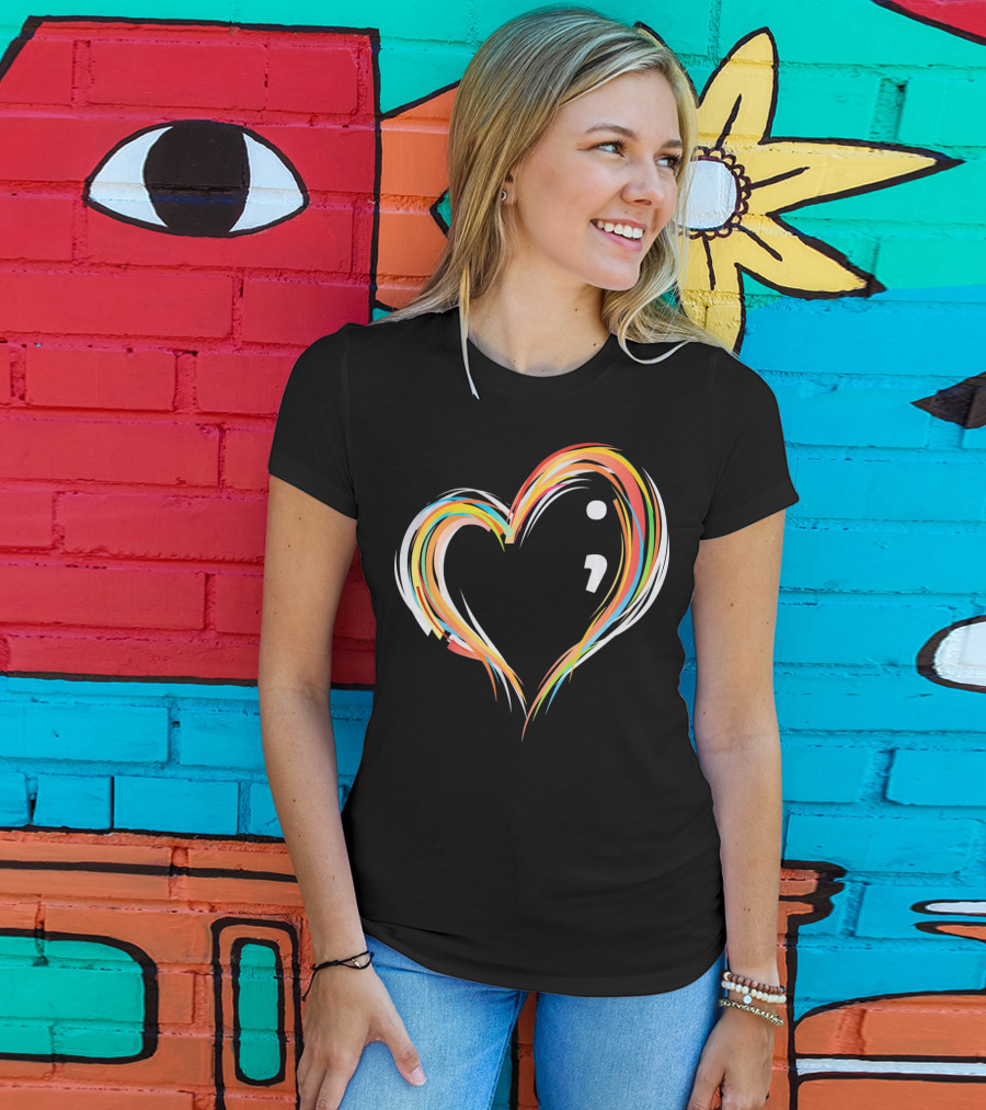 Heart Semicolon Rainbow Design For Mental Health Awareness T-Shirt
