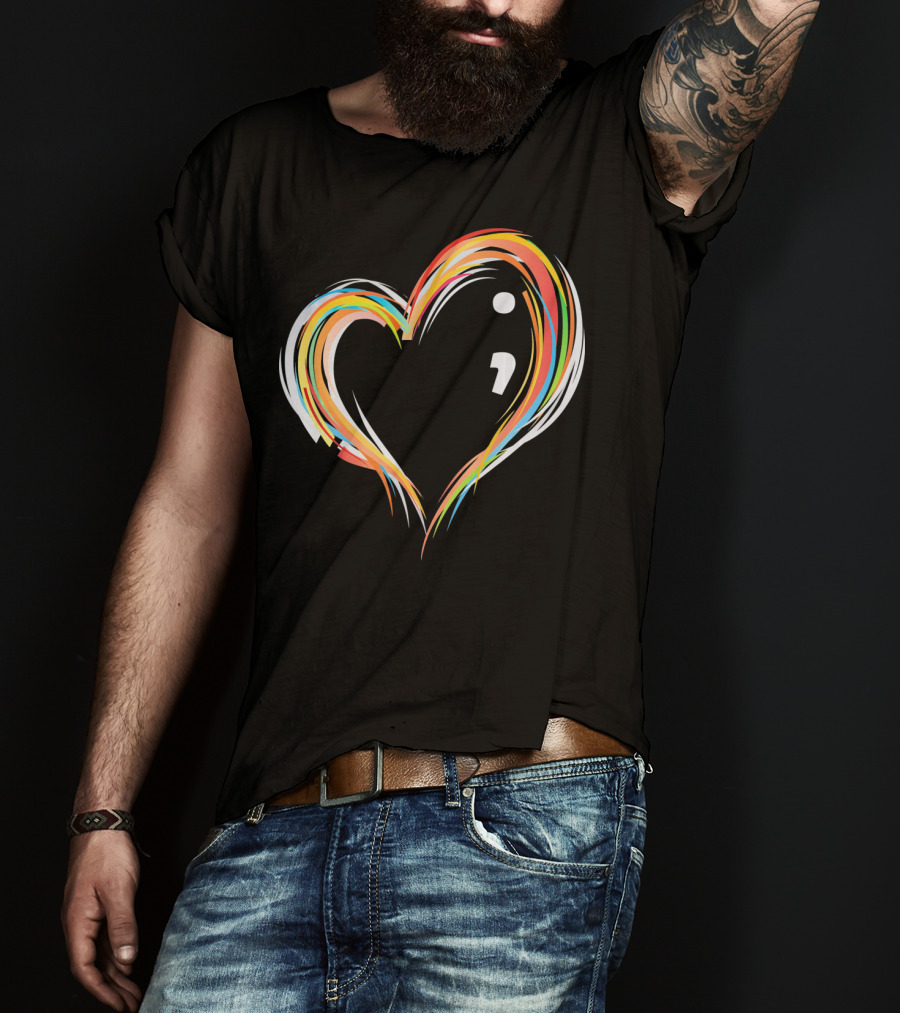 Heart Semicolon Rainbow Design For Mental Health Awareness T-Shirt