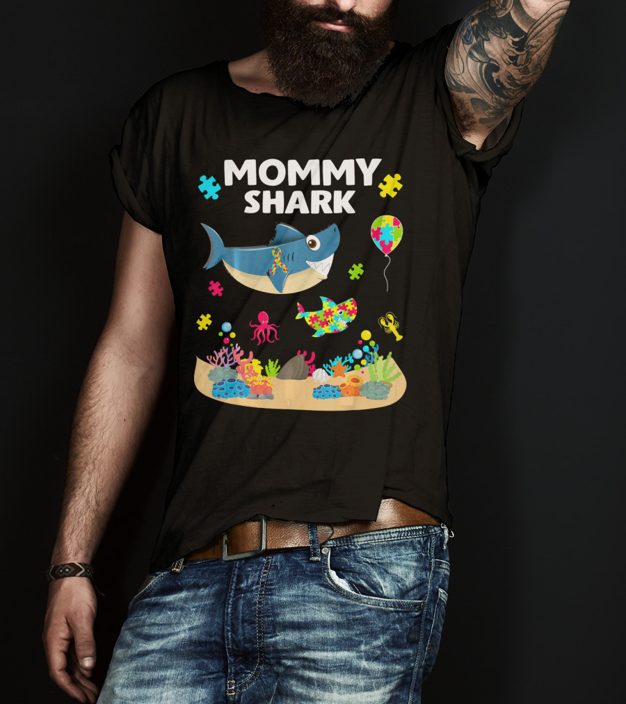 Mommy Shark Funny Autism Awareness Puzzle Pieces Sea Life Balloon T-Shirt
