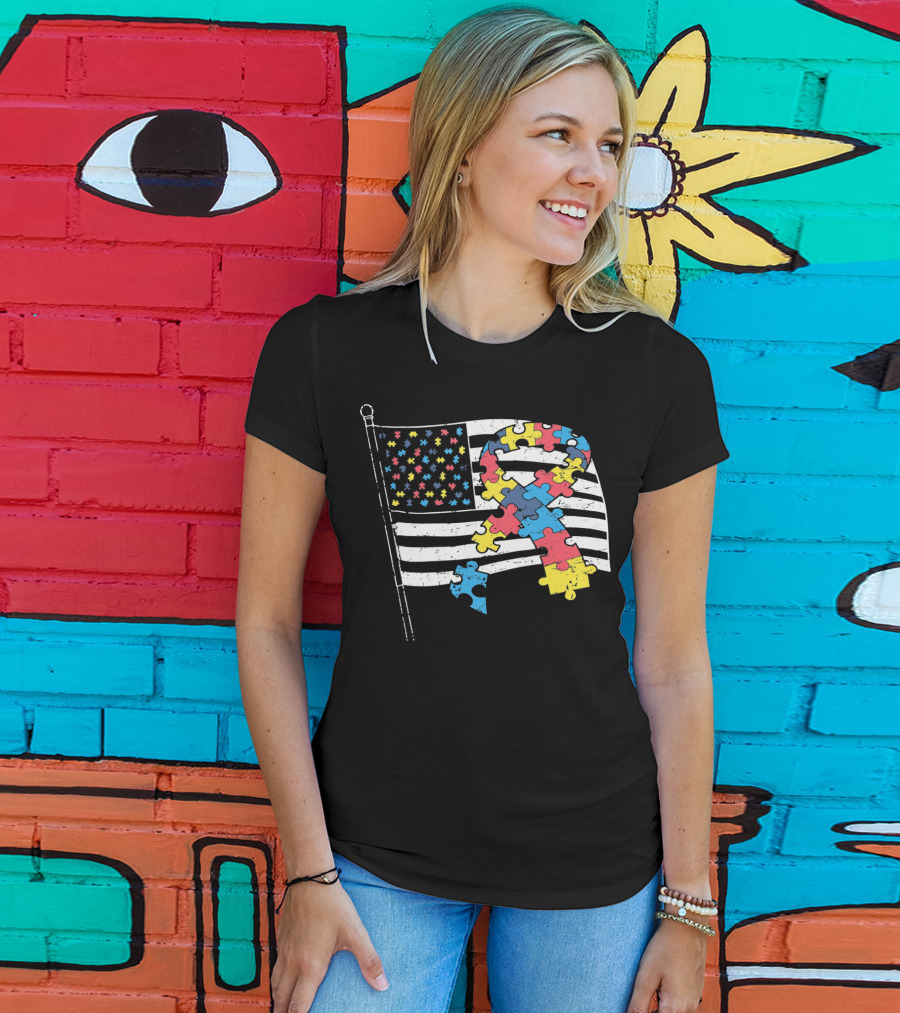 American Distressed Flag Puzzle Ribbon Autism Awareness T-Shirt