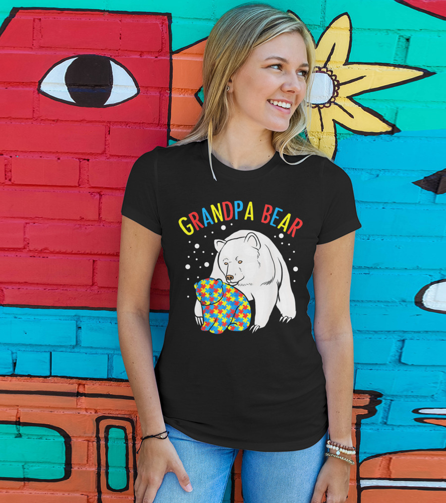 Grandpa Bear Mens Autism Awareness Puzzle Bear T-Shirt