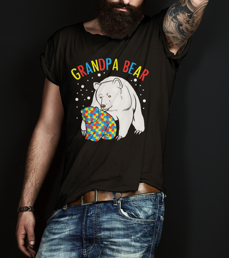 Grandpa Bear Mens Autism Awareness Puzzle Bear T-Shirt