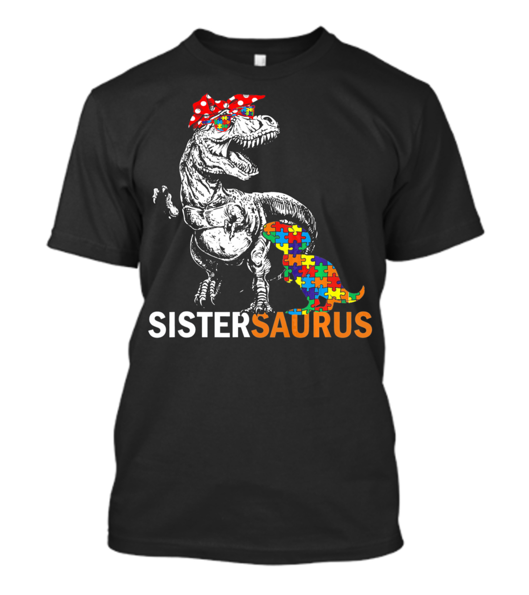 Sister Saurus Autism Awareness Dinosaur Puzzle Print T-Shirt